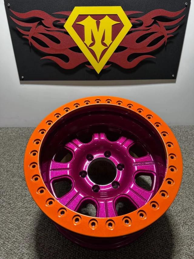 Racing Raspberry & Striker Orange!
Both colors were coated over a sparkle silver base & have a glossy clear top coat. 
#melrose #melrosemetalfinishing #melrosepowdercoating #powdercoat #powdercoating #raceline #racelinewheels #prismaticpowders #racingraspberry #strikerorange