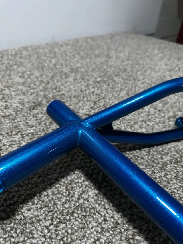 Bike frame & fork powder coated in Hawaii Blue from @prismaticpowders over a sparkly silver base coat. 
.
.
.
#melrose #melrosemetalfinishing #melrosepowdercoating #powdercoating #powdercoat #prismaticpowders #hawaiiblue #bikeframe #bicycle
