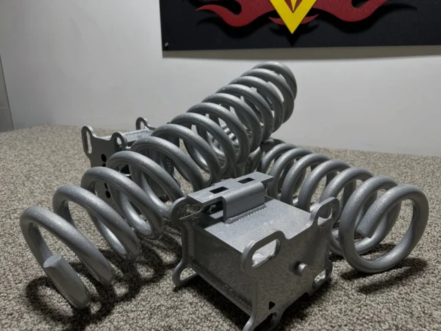 Springs & lift blocks color matched to Ford Iconic Silver Metallic. 
#melrosemetalfinishing #melrosepowdercoating #ford #colormatch #iconicsilver