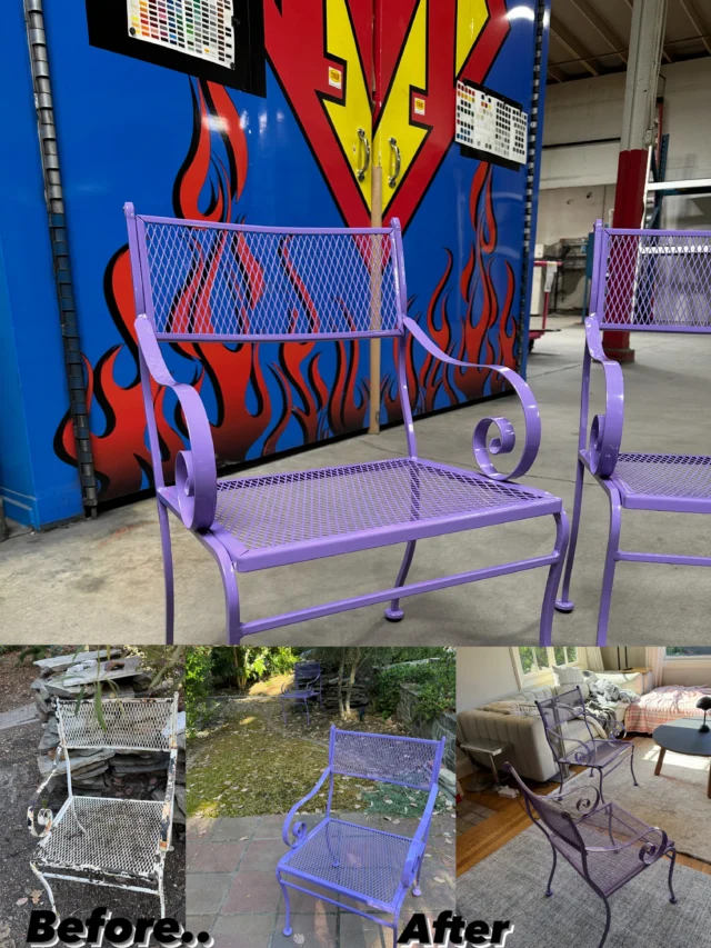 “Just some junk left on the side of the street” ➡️ now they look too good to leave outside. 
We refinished these patio chairs in RAL 4005 Purple and gave them a whole new life. The customer said they turned out so nice they’d rather keep them in the house than put them back outside. 👌
@prismaticpowders 
#powdercoating #patiofurniture #furniturerestoration #beforeandafter #melrosemetalfinishing